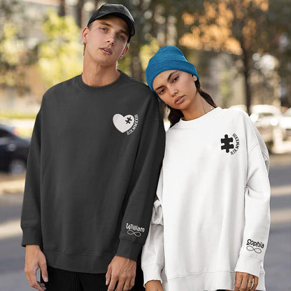 Heart and Puzzle with Roman Numeral Embroidered Matching Couple Sweatshirt