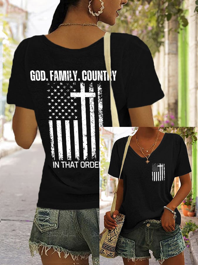 Women's God Family Country In That Order Print T-Shirt