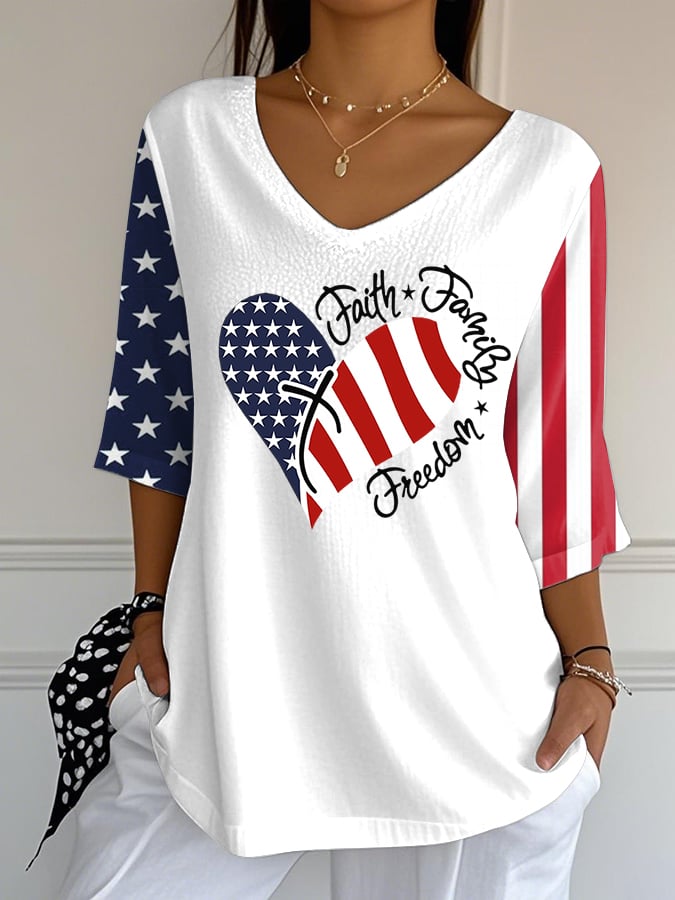 Women's Independence Day Love Faith Family Freedom Print Mid Sleeve T-Shirt