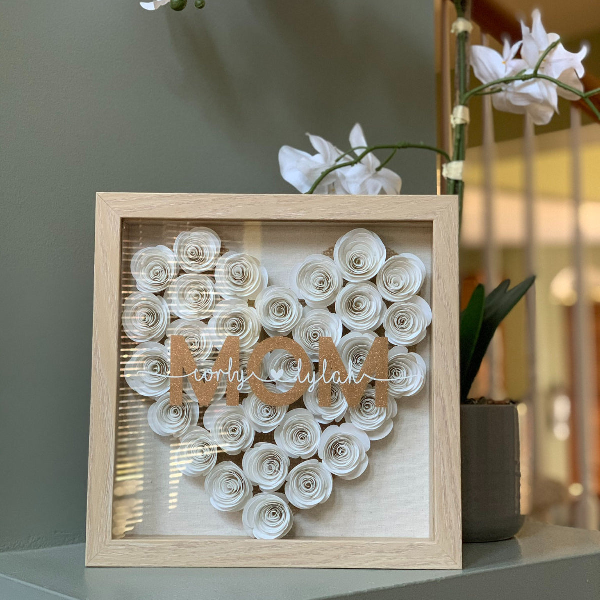 Handmade Heart Flower Mom Shadow Box with Kids Names