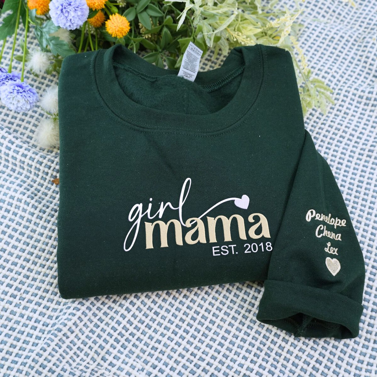 Girl Mama Sweatshirt or Hoodie with Kid Names on Sleeve - Embroidered Gift for Girl Mama