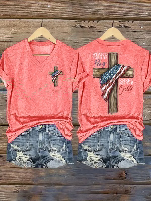 Women's Stand For The Flag Kneel For The Cross Printed Casual T-Shirt