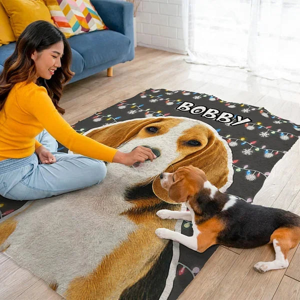 Personalized Snowflake Colored Christmas Lights Dog Cat Photo Throw Blanket with Name