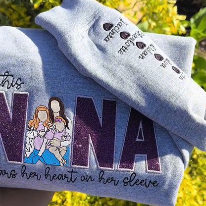 Mom Wears Her Heart on Her Sleeves Custom Glitter Mama Sweatshirt with Photo Gift for Mom Nana