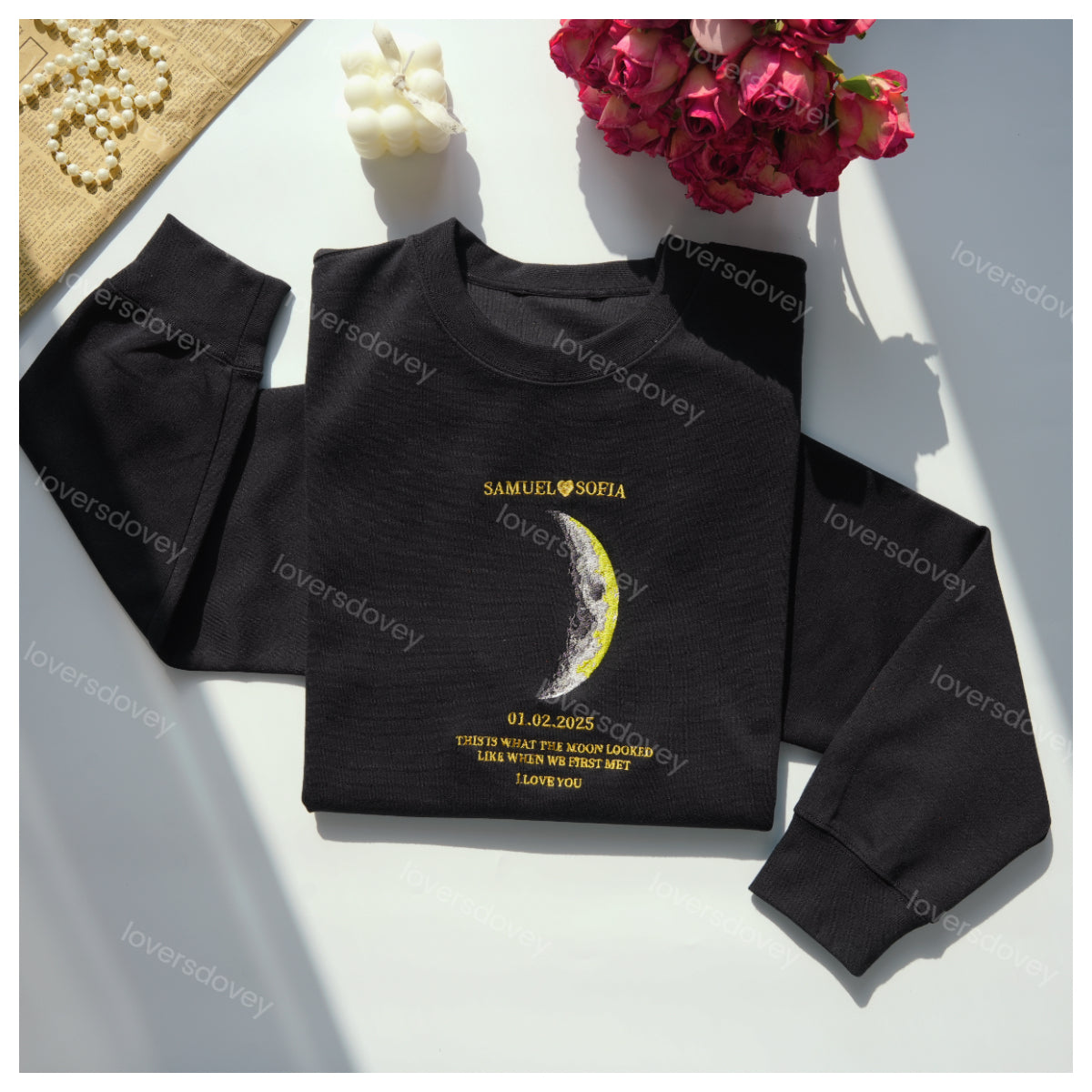 Loversdovey For Couples - Custom Couple Art Embroidered Sweatshirt/ REAL MOON PHASE