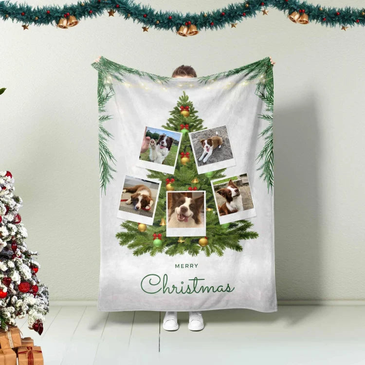 Personalized Christmas Family Photo Tree Blanket, Custom Pet Photo Blanket, Christmas Gift