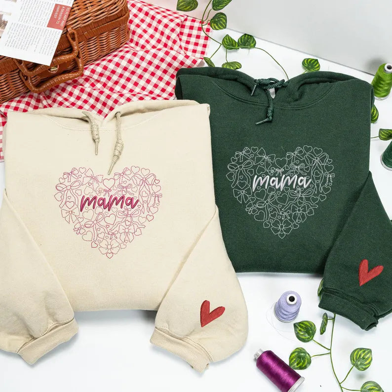 Custom Embroidered Mama Heart Valentines Sweatshirt For Wife | Mama Hoodie | Cute Love Shirt | Mom Gift