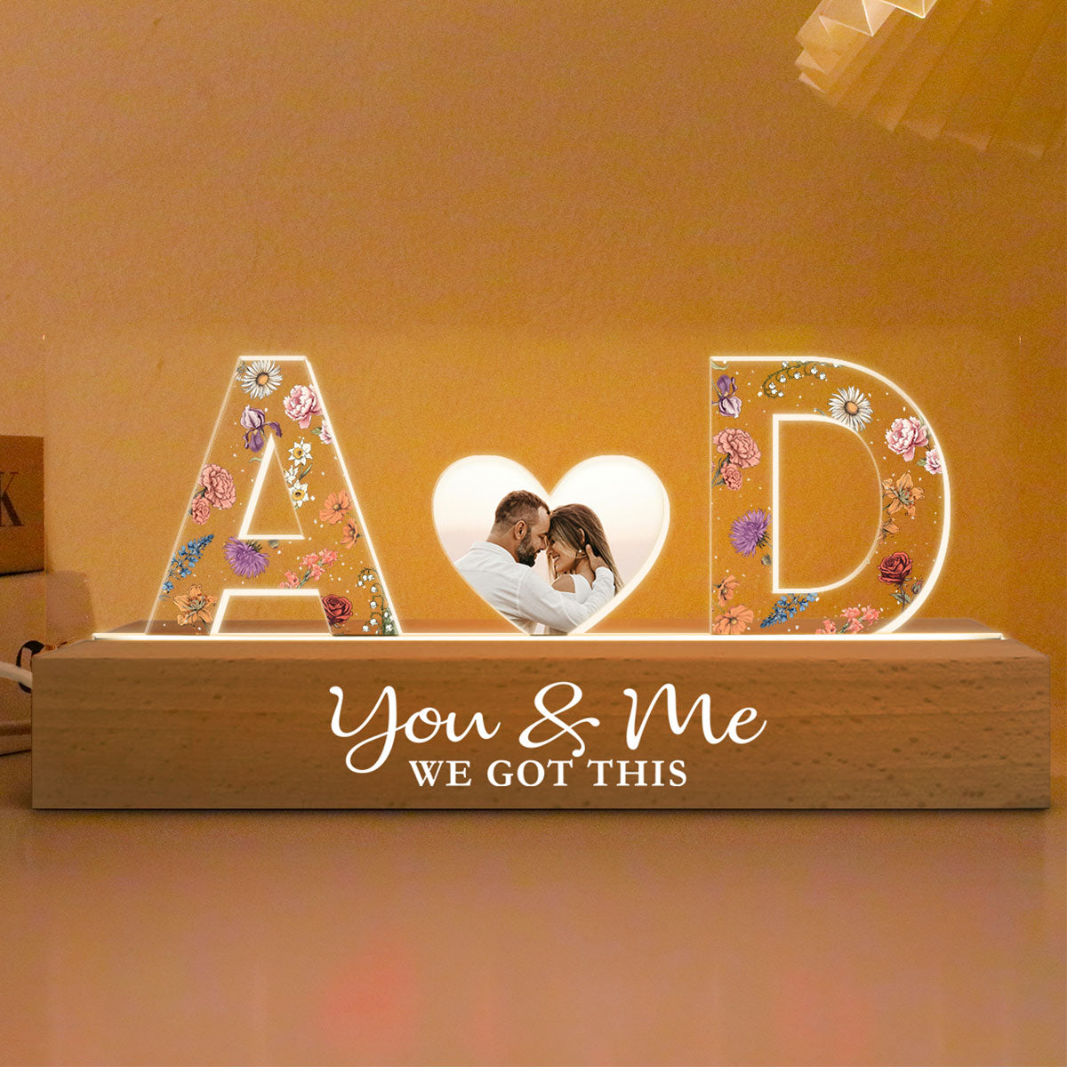 Couple Initials Floral Theme Photo Inserted Personalized Acrylic Block LED Night Light