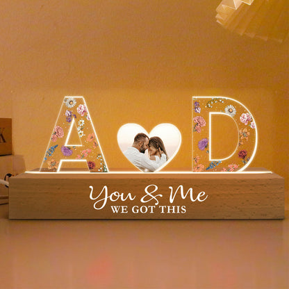 Couple Initials Floral Theme Photo Inserted Personalized Acrylic Block LED Night Light