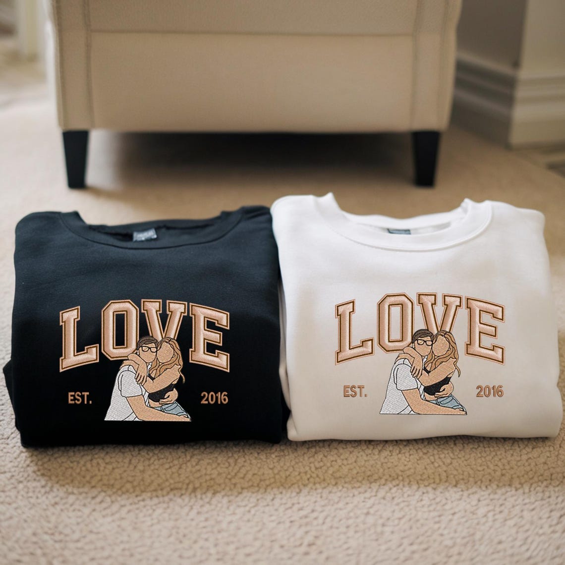 Loversdovey Personalized Embroidered Photo Couple LOVE Est Year Valentines Matching Couple Gift