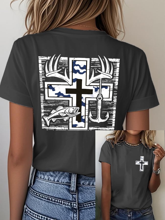 Women's Retro Faith Fishing Hunting Print T-Shirt