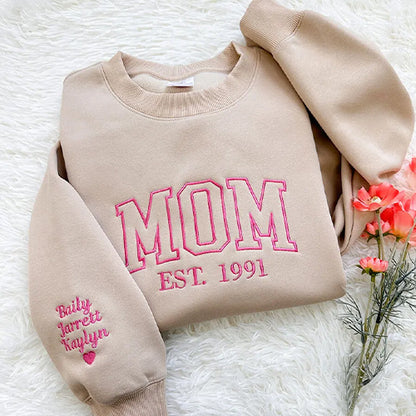Custom Embroidered Sweatshirt With Your Child's Name And Heart On The Sleeve As A Mother’s/Father's Day Gift