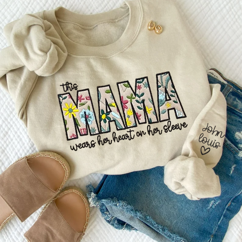 This MAMA Wears Her Heart on Her Sleeve Custom Embroidered Floral "MAMA" Sweatshirt - Personalized Mom Gift