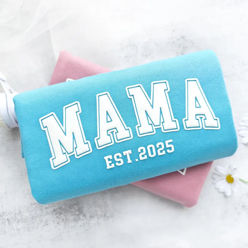 Mama Sweatshirt with Puff Lettering, Personalized Kid Names on Sleeve, Mama Sweater, Cute Gift for Mama