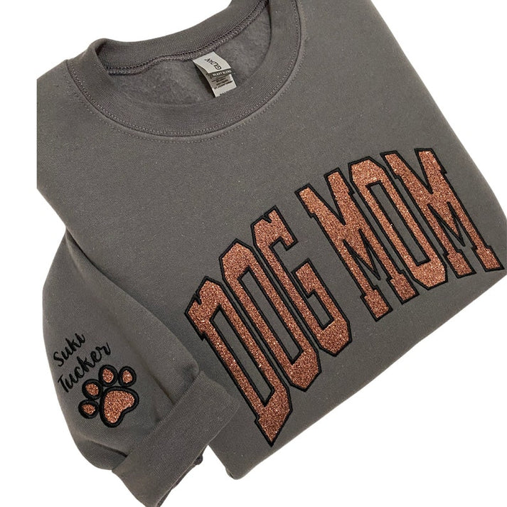 Personalized Embroidered Dog Mom Glitter Vinly Sweatshirt Hoodie Mother's Day Gift for Pet Lovers