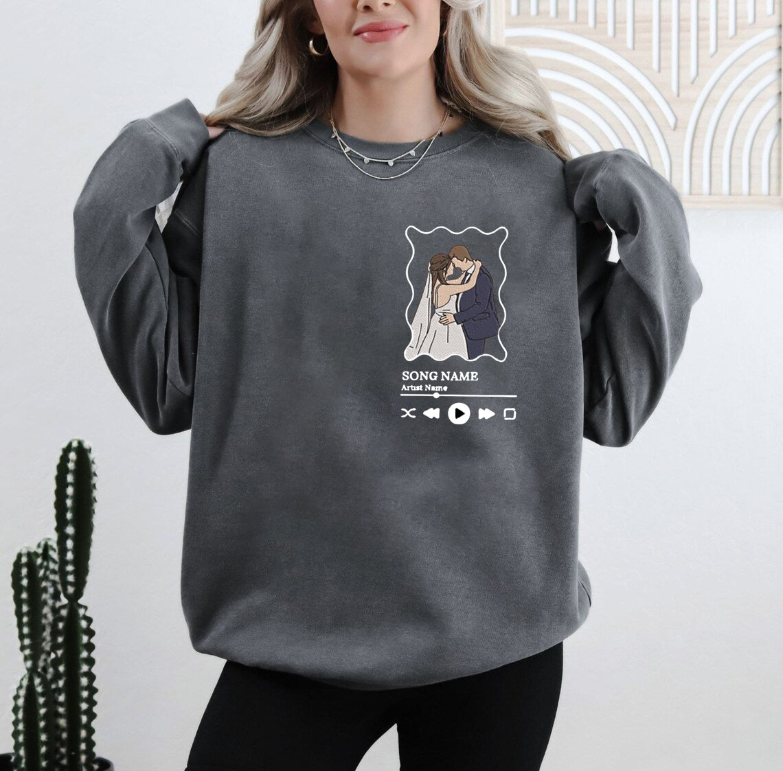 Custom Couple Music Wavy Frame Embroidered Sweatshirt