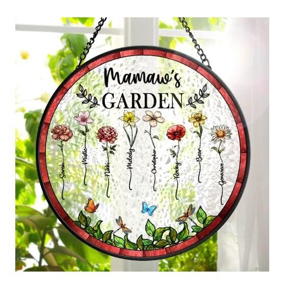 Birth Flower Grandma's Garden - Personalized Stained Glass Window Hanging Suncatcher