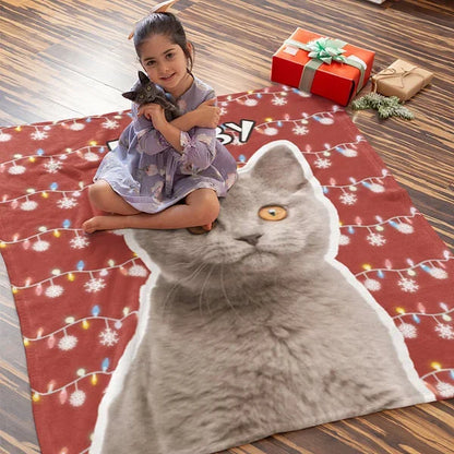 Personalized Snowflake Colored Christmas Lights Dog Cat Photo Throw Blanket with Name