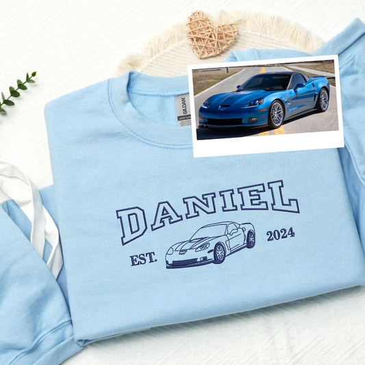 Custom Embroidered Car Sweatshirt | Car Outline Embroidery Hoodie | Car Portrait Shirt | Gift For Dad