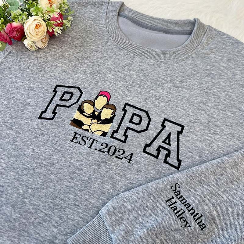 Custom Embroidered Papa & Child Portrait Sweatshirt – Personalized Photo Gift for Papa