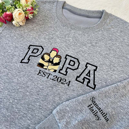 Custom Embroidered Papa & Child Portrait Sweatshirt – Personalized Photo Gift for Papa