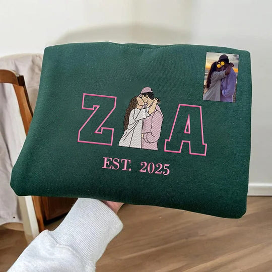 Loversdovey Personalized Embroidered Photo Couple Initial Est Year Crewneck/Hoodie/T-shirt