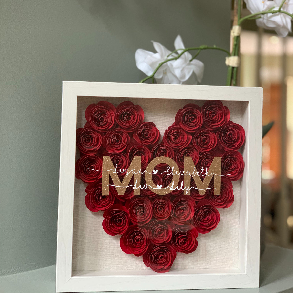 Handmade Heart Flower Mom Shadow Box with Kids Names