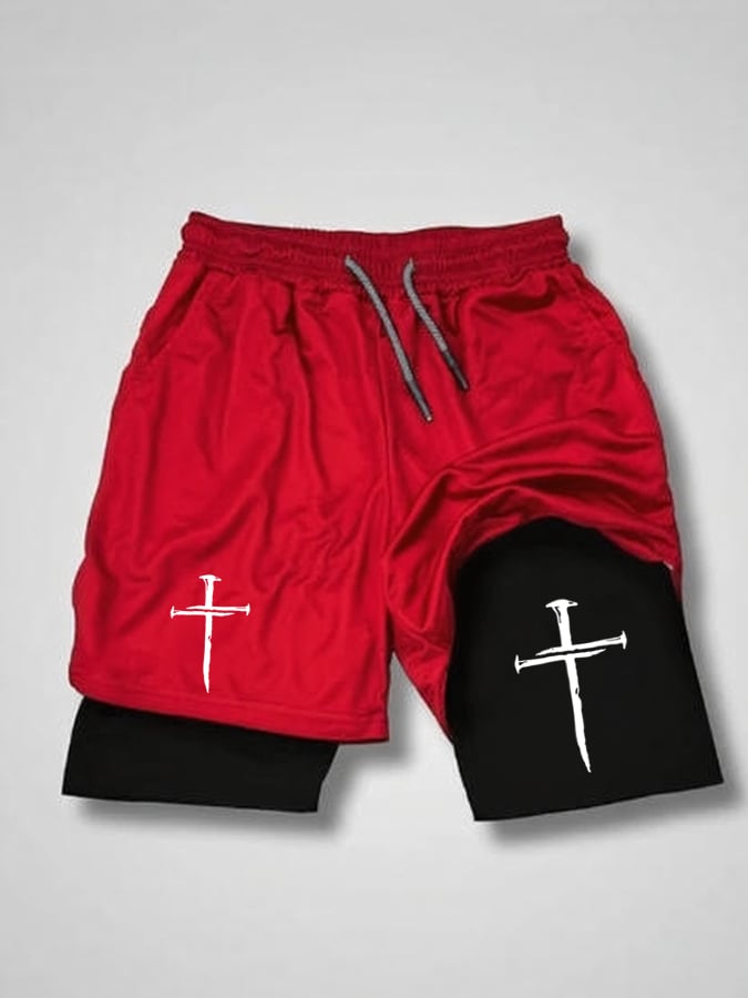 Men'S Classic Cross Print Double Layer Shorts (With Pockets)