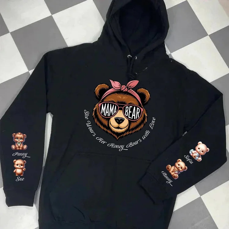 Mama Bear She Wears Her Honey Bears with Love Sweatshirt, Custom Kids Name On Sleeve Mothers Day Gift