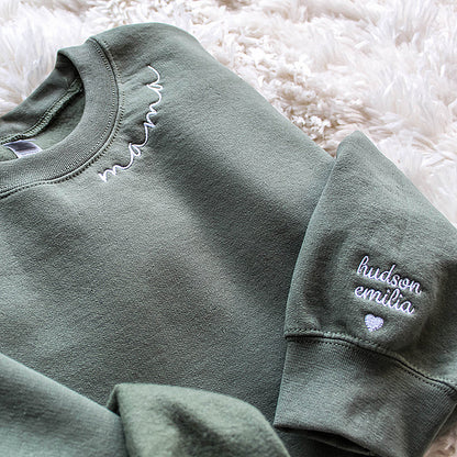 Custom Mama Embroidered Sweatshirt with Kids Names on the sleeve