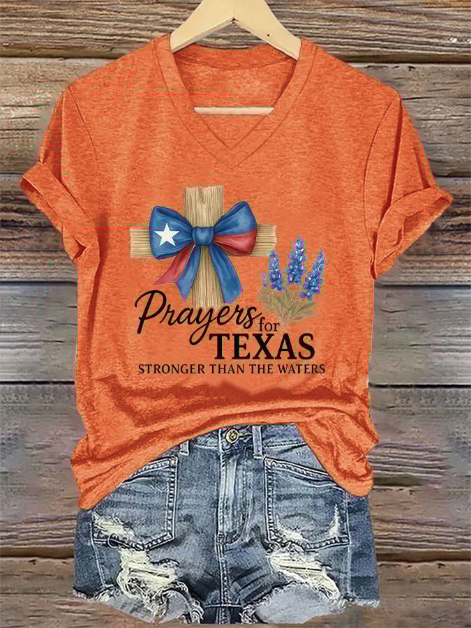 V-Neck Retro Texas Strong Prayers For Texas Stronger Than The Waters Print T-Shirt