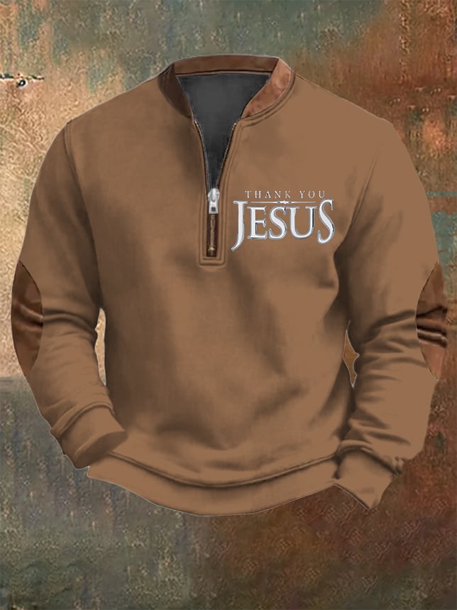 Men's Vintage Faith "Thank You Jesus" Printed Zip Collar Sweatshirt