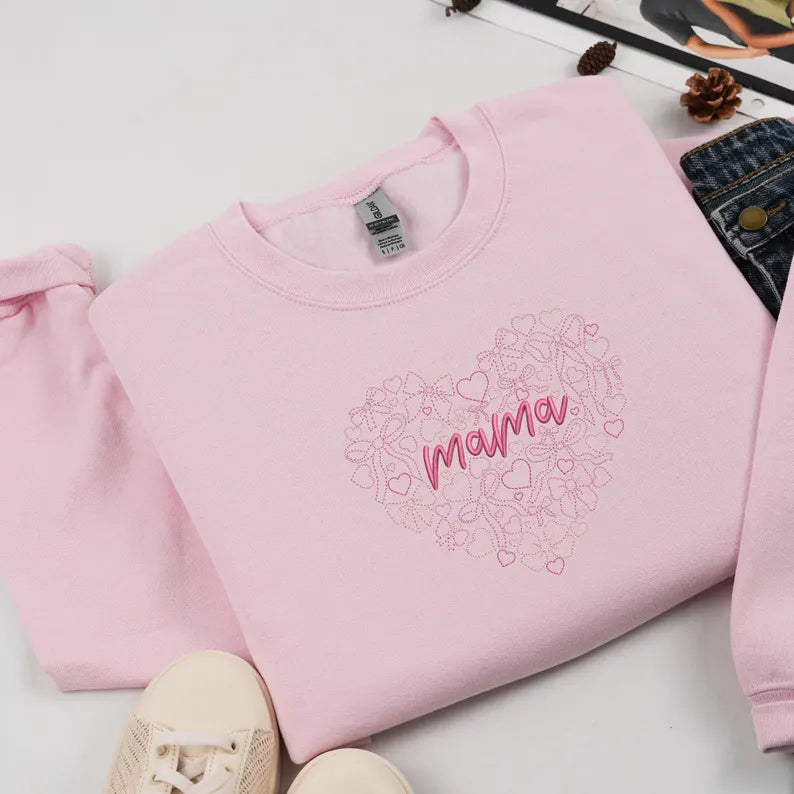Custom Embroidered Mama Heart Valentines Sweatshirt For Wife | Mama Hoodie | Cute Love Shirt | Mom Gift