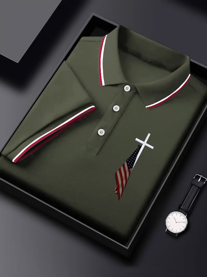 Men's  Flag Cross Print Polo Shirt