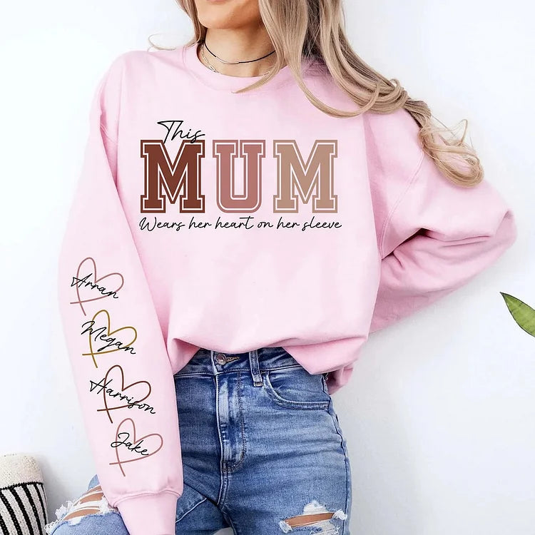 🔥For Mom🔥Personalized MAMA Wears Her Heart On Her Sleeve Sweatshirt(Buy 2 Free Shipping)