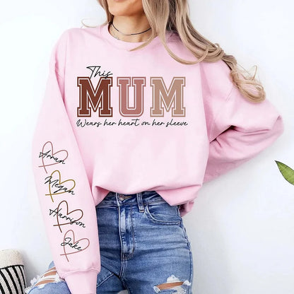 🔥For Mom🔥Personalized MAMA Wears Her Heart On Her Sleeve Sweatshirt(Buy 2 Free Shipping)