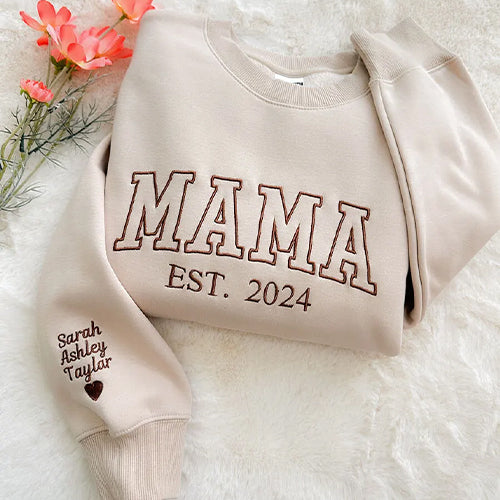 Custom Embroidered Sweatshirt With Your Child's Name And Heart On The Sleeve As A Mother’s/Father's Day Gift