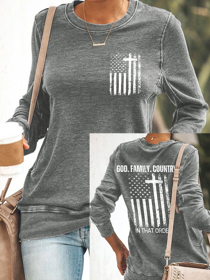 Women's God Family Country In That Order Print Round Neck Sweatshirt
