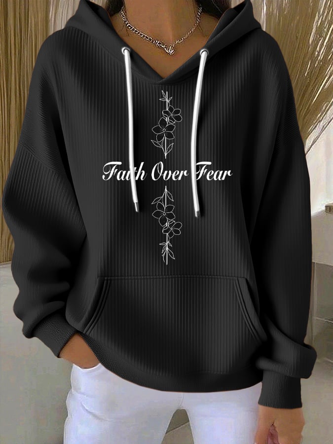Women's Casual Faith Overcomes Fear Cross Textured Hoodie