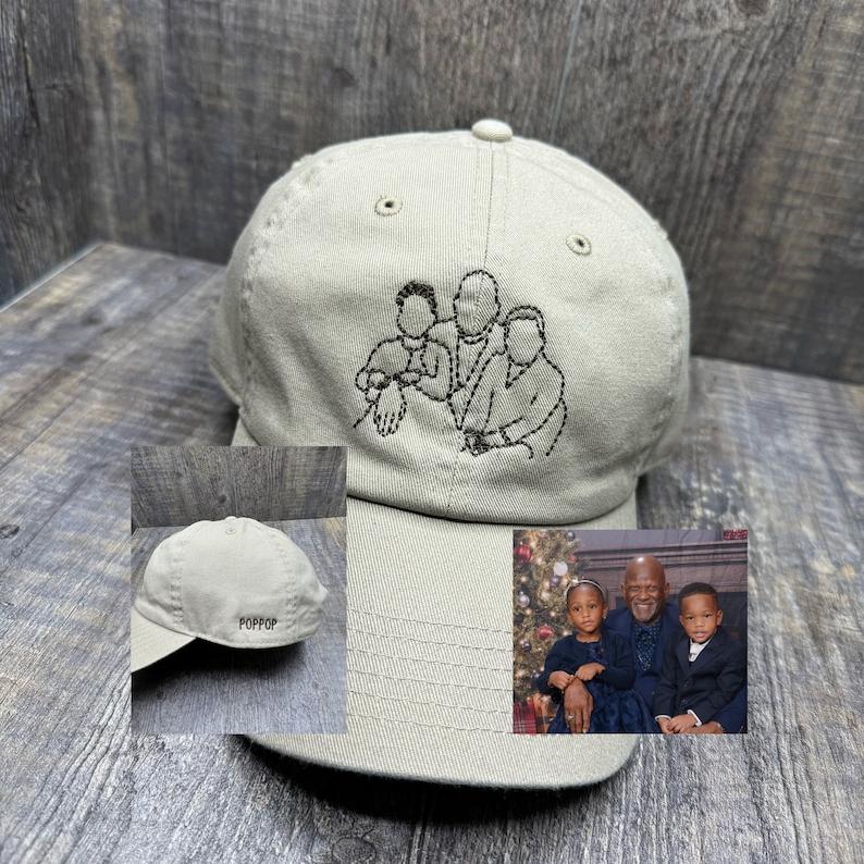 Line Art Portrait Embroidered with Roman Numerals Date on Dad Hat