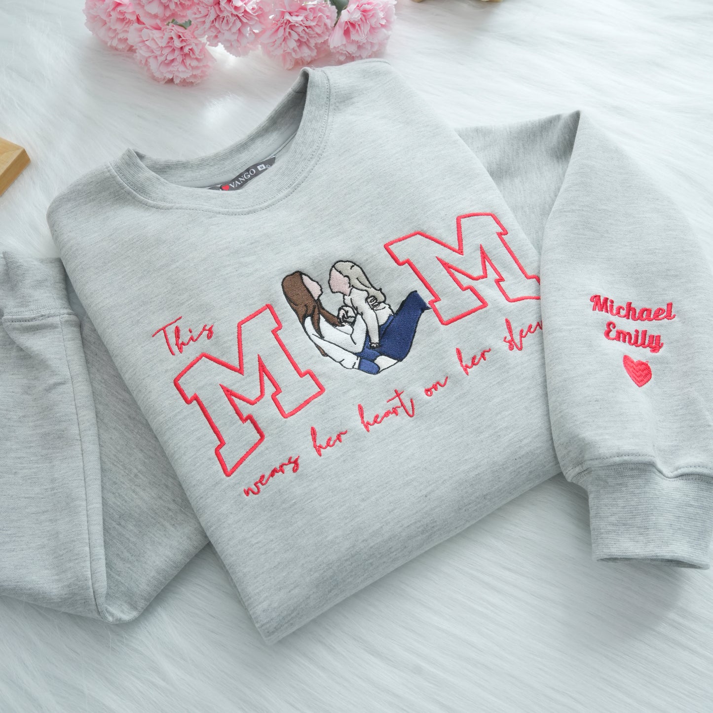 Mom Wears Her Heart on Her Sleeves - Custom Thread Mama Sweatshirt with Photo Gift for Mom