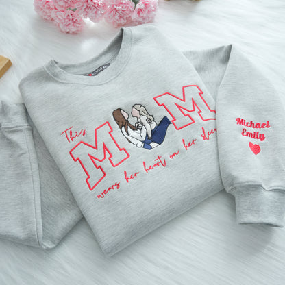 Mom Wears Her Heart on Her Sleeves - Custom Thread Mama Sweatshirt with Photo Gift for Mom
