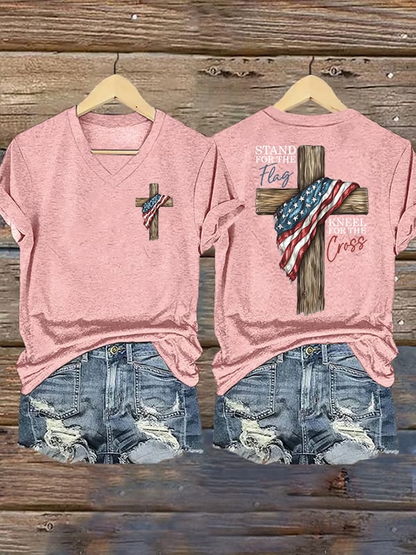 Women's Stand For The Flag Kneel For The Cross Printed Casual T-Shirt