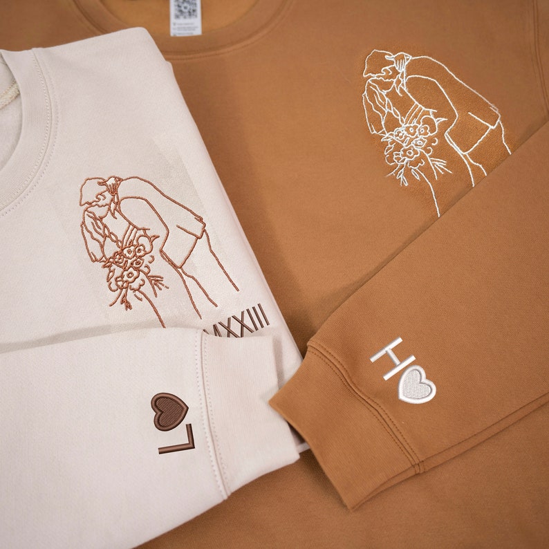 Personalized Outline Embroidered Portrait from Photo-Matching Couple Hoodie