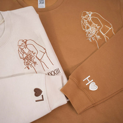 Personalized Outline Embroidered Portrait from Photo-Matching Couple Hoodie
