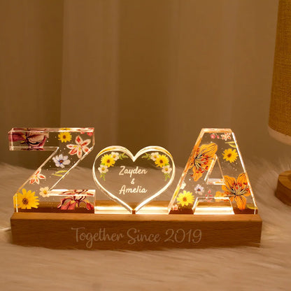 Couple Initials Floral Theme Anniversary Gift Personalized Acrylic Block LED Night Light