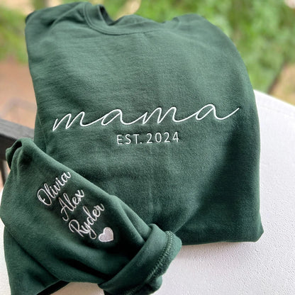 Custom Embroidered Mama Sweatshirt with Date and Kids Names on Sleeve