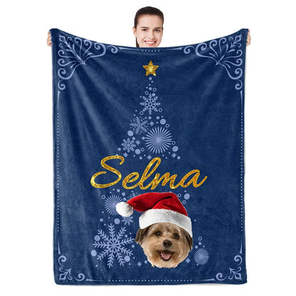 Custom Pet Photo Blanket Christmas Blanket Christmas Tree Blanket, Personalized Name Blanket