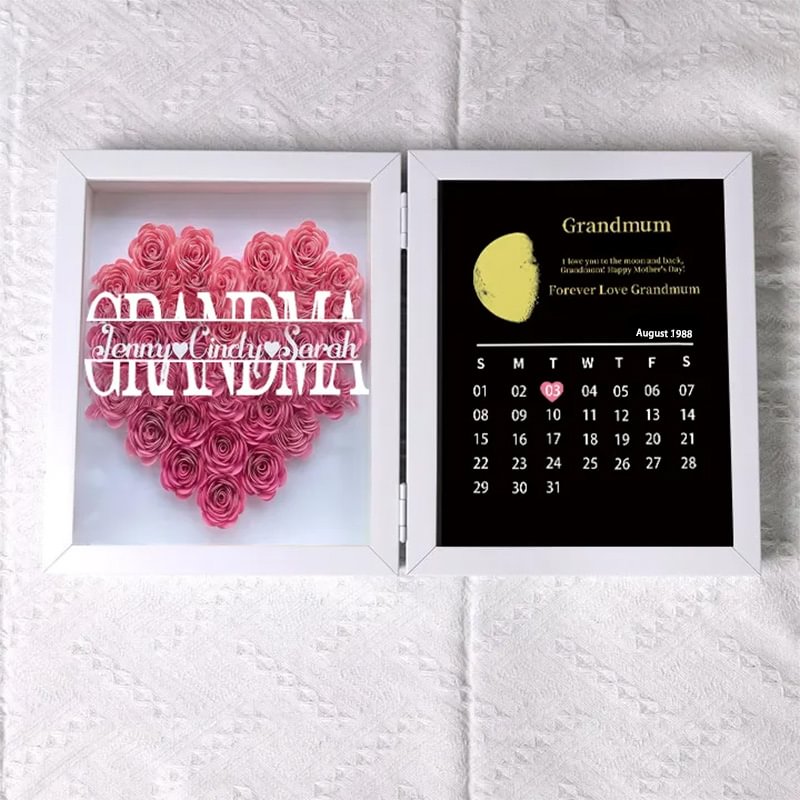 (Mom&Grandmum With Name) With REAL MOON PHASE Anniversary Calendar Custom Flower Frame