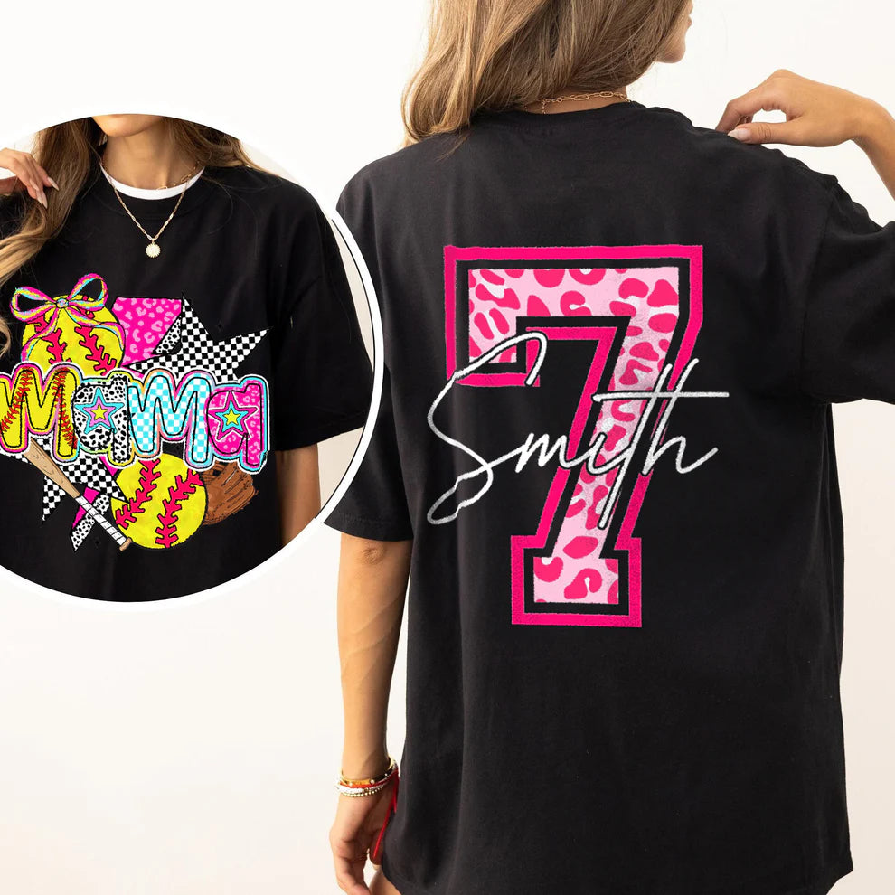 Personalized Softball Mama Pink Leopard Checkered Pattern Cheer Shirt